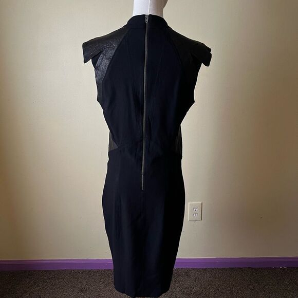 Helmut Lang Blistered Leather Panel Dress Size 10‎ Ribbed Knit V-Neck Sheath - Picture 4 of 9